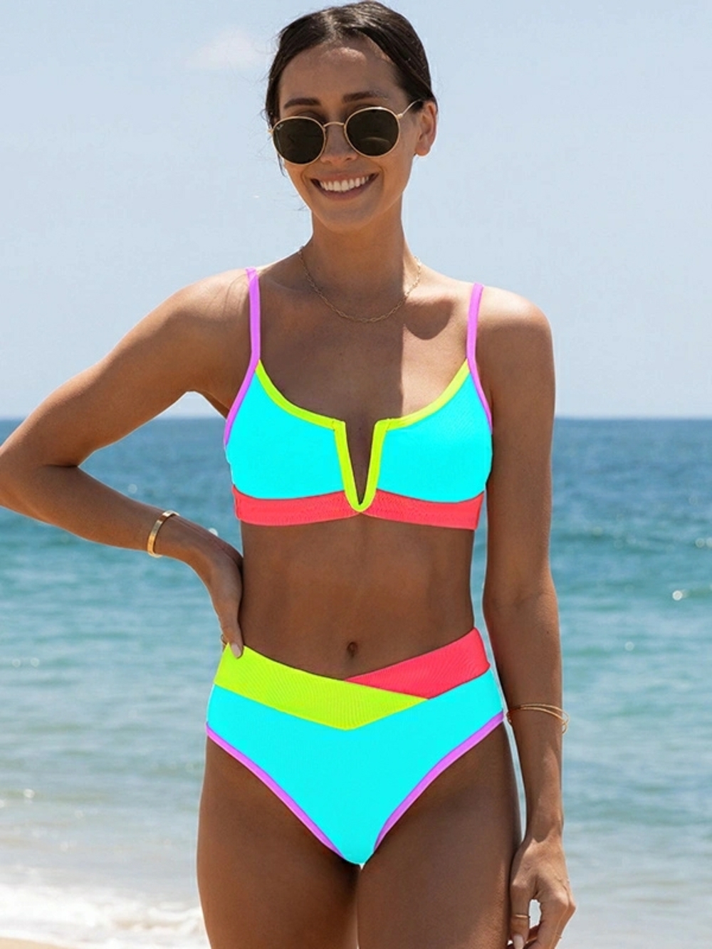 Neon Aqua & Pink V-Notch High-Waist Bikini